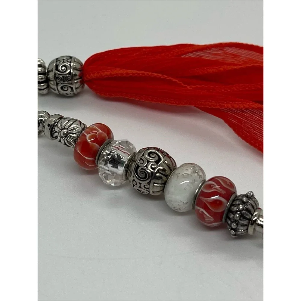 Hand-Crafted Orange Silver Silk Tassel Beaded Purse Bag Charm Keychain NWT